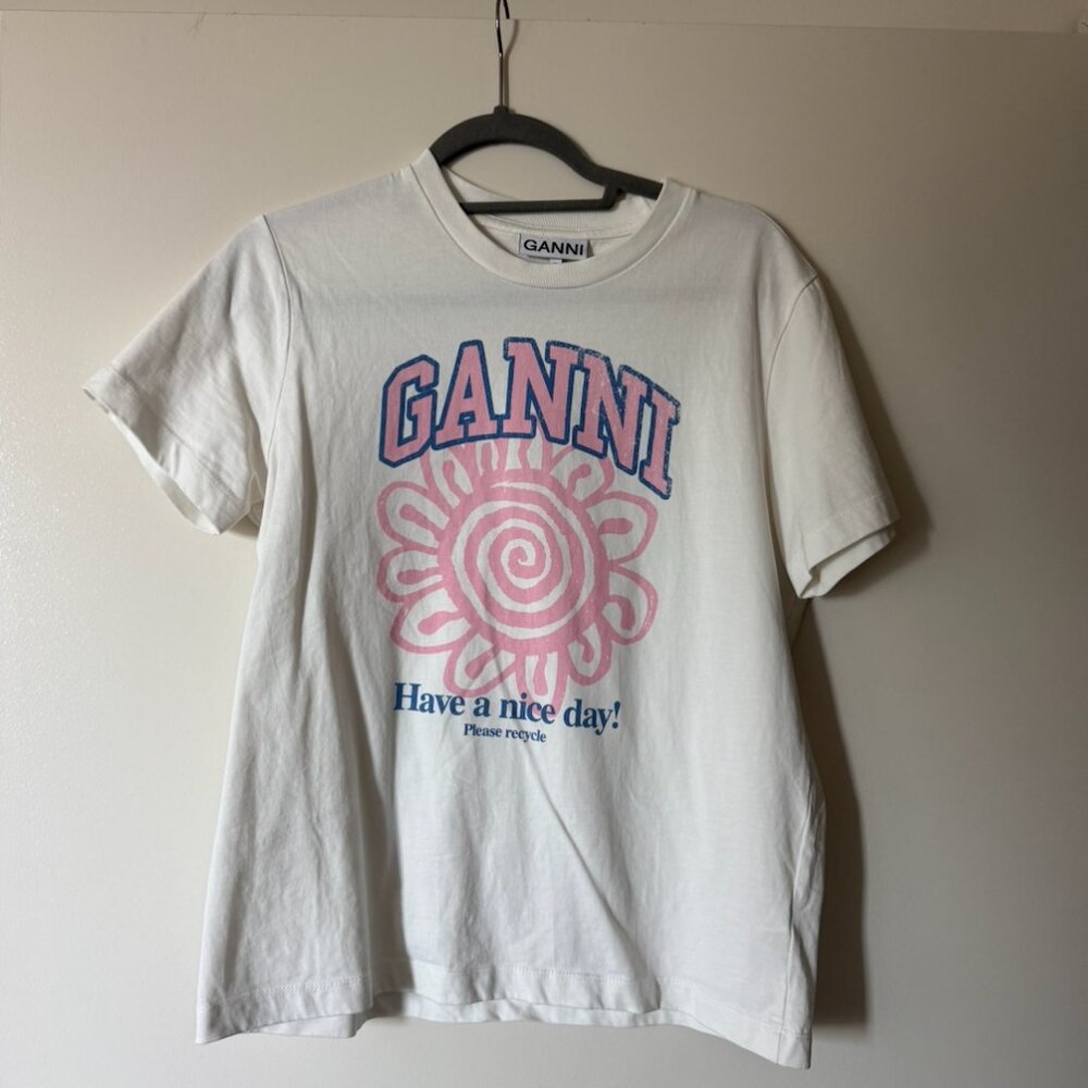 Ganni white printed short sleeve T-shirt